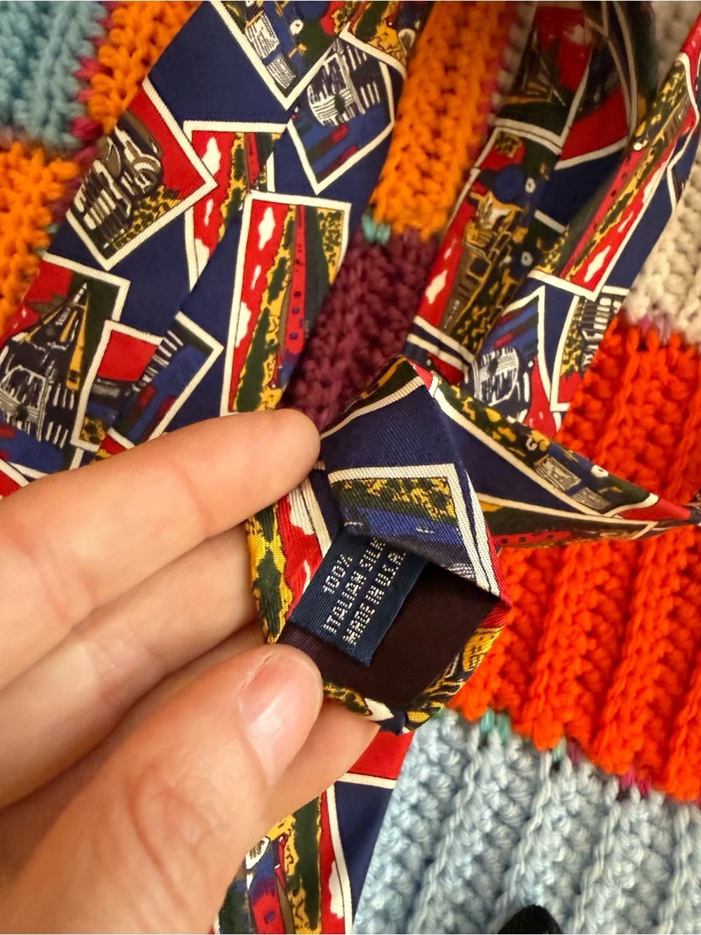 Vintage trains silk Navy Tie with Red, Yellow, Green and Cream Postcard Motif